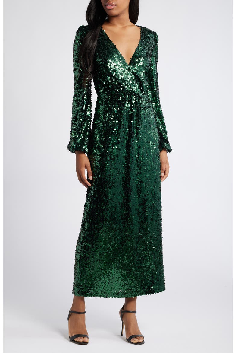 The Carrie Sequin Long Sleeve Gown, Main, color, EMERALD