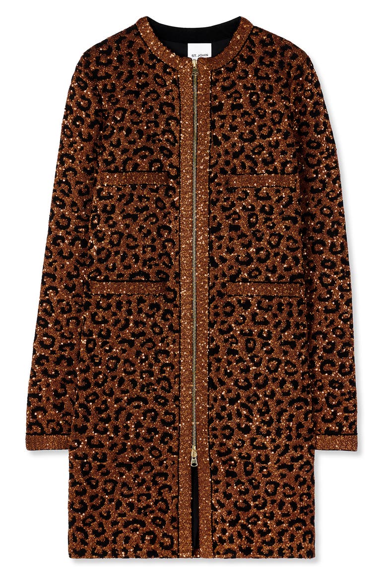 Sequin Leopard Jacquard Long Jacket, Alternate, color, CARAMEL/ COPPER MULTI