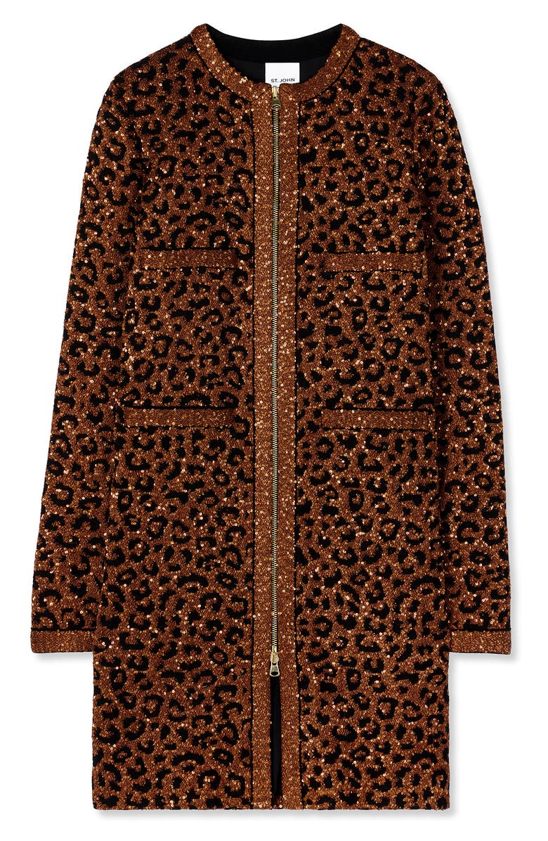 St. John Evening Sequin Leopard Jacquard Long Jacket, Alternate, color,