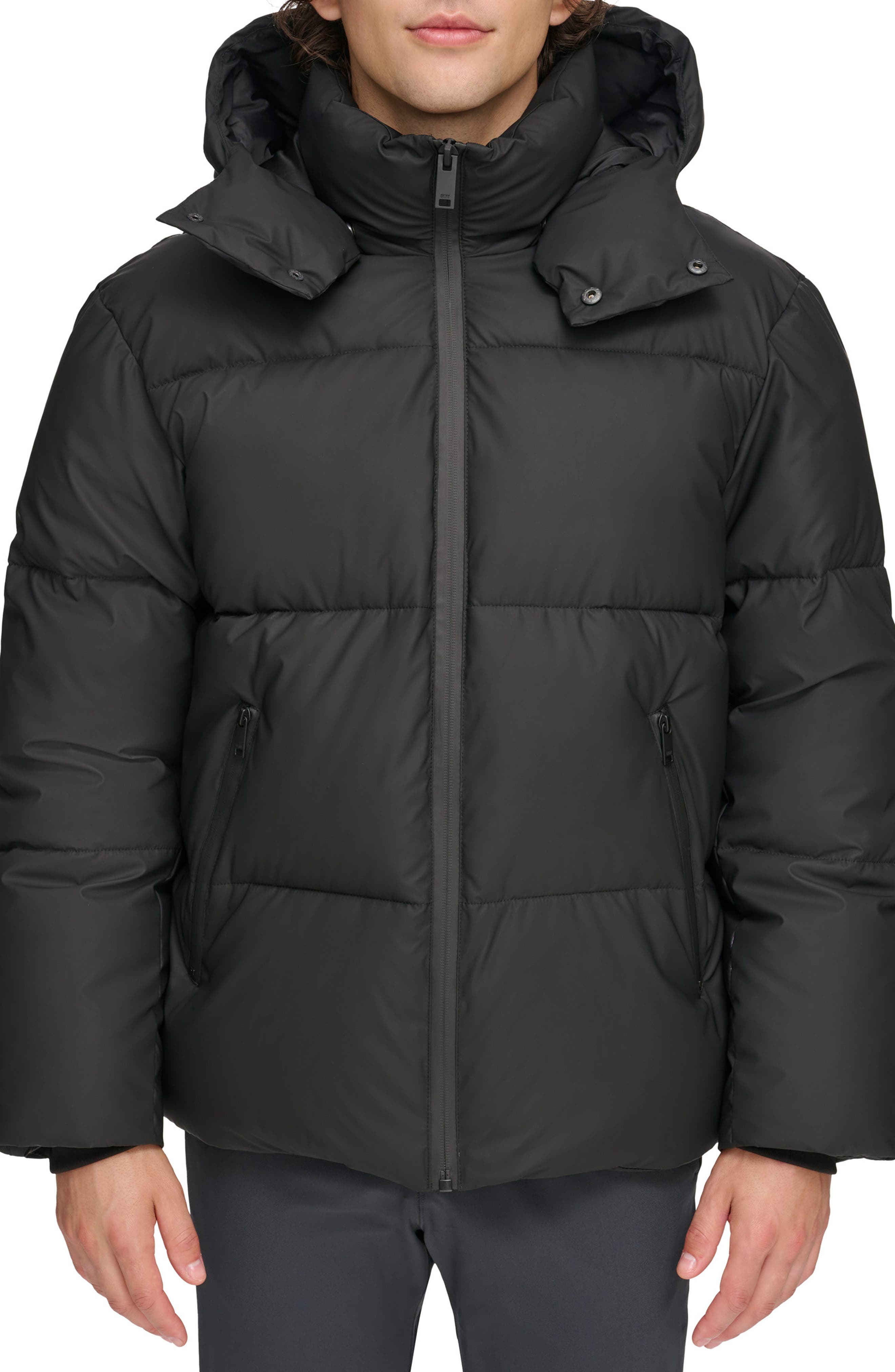 DKNY Rubberized Front Zip Puffer Jacket