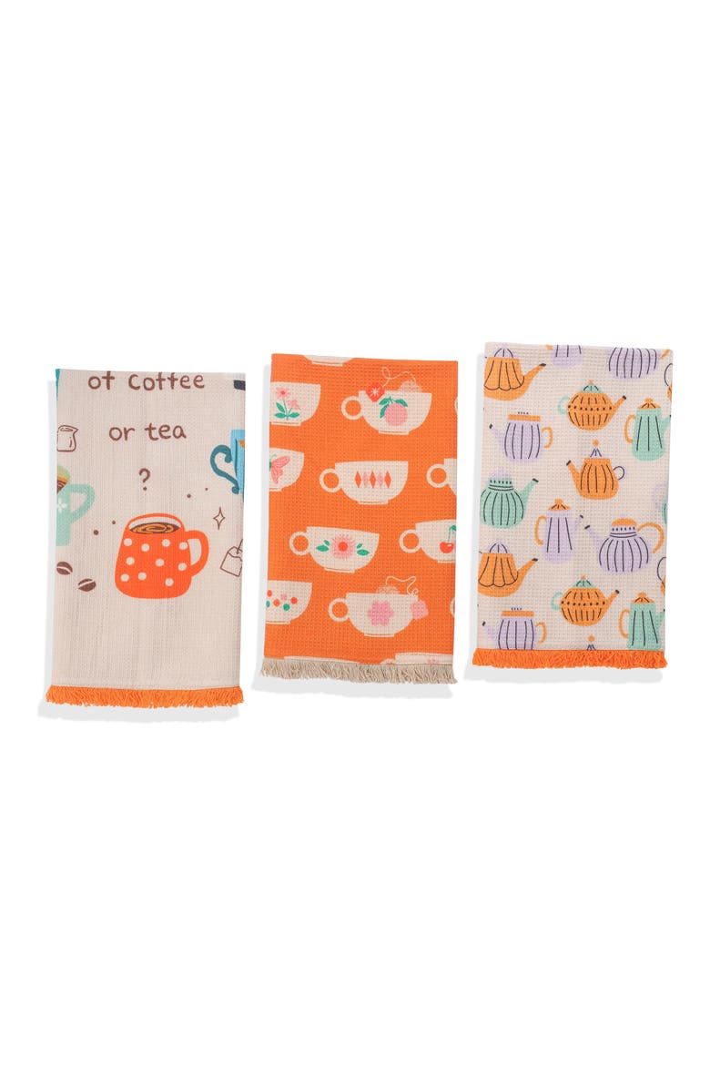 The Barista's Choice Set of 3 Cotton Waffle Kitchen Towels, Main, color, ORANGE/ CREAM / MULTI