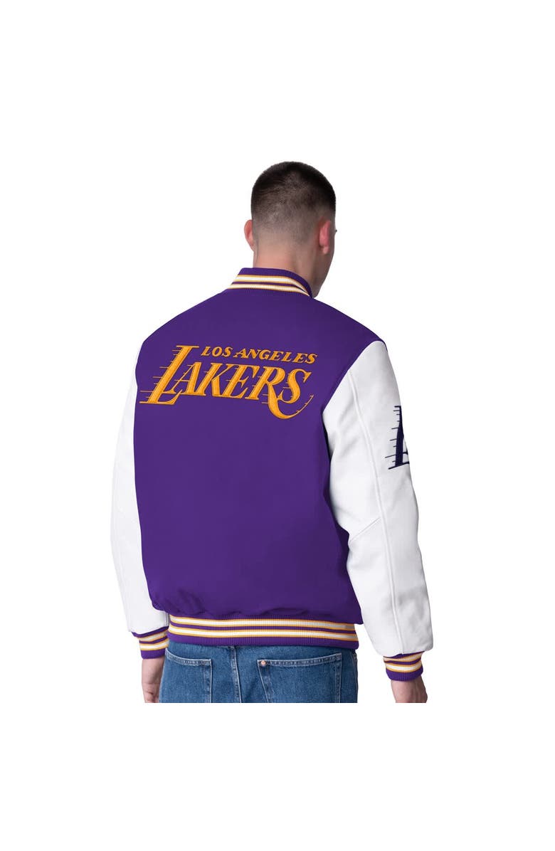 G-III SPORTS BY CARL BANKS Men's G-III Sports by Carl Banks Purple Los Angeles Lakers Moneyball Wool & Leather Full-Snap Varsity Jacket, Alternate, color, Purple