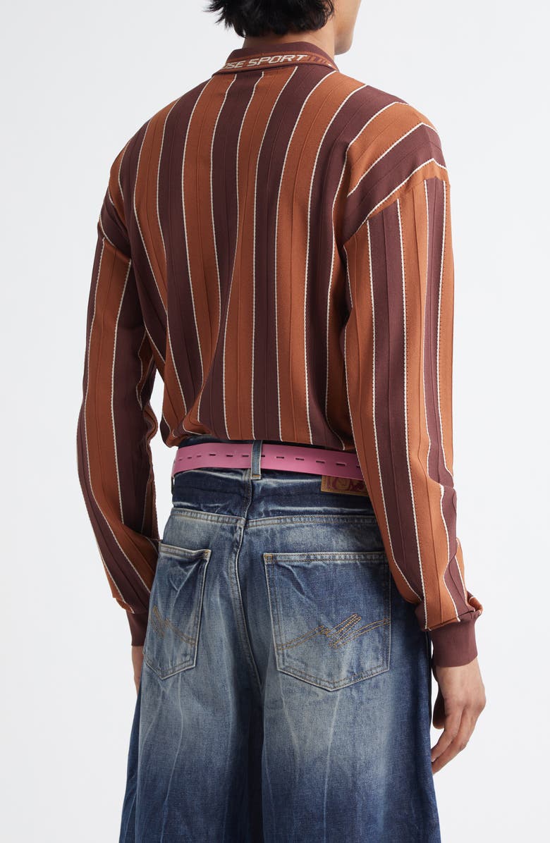 Martine Rose Logo Jacquard Stripe Long Sleeve Zip Polo, Alternate, color, Brown