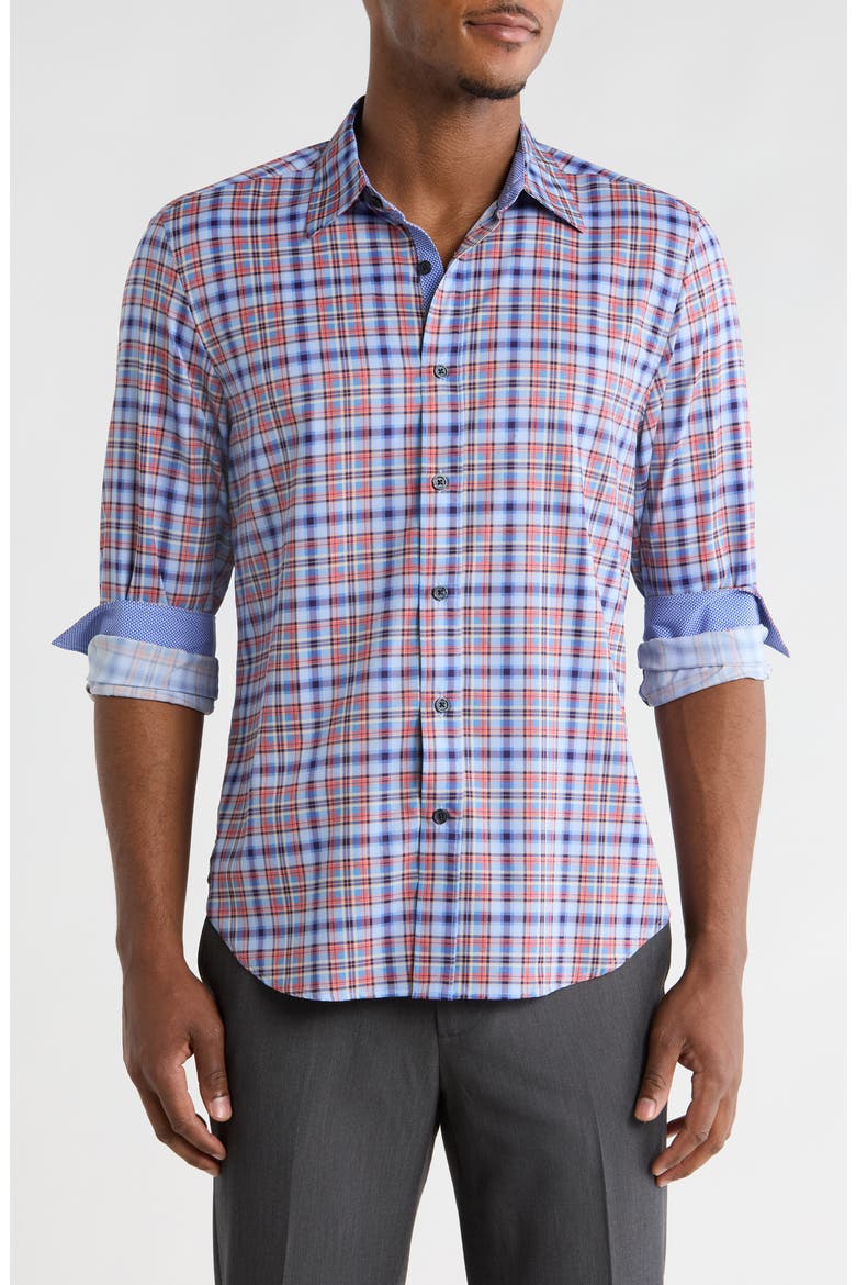 Slim Fit Plaid 4-Way Stretch Button-Up Shirt, Main, color, ORANGE/ BLUE