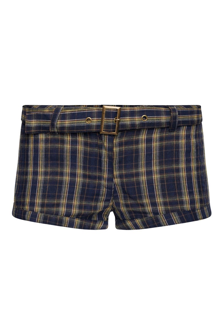 Afterglow Plaid Belted Low Rise Shorts, Alternate, color, NAVY LEMON PLAID