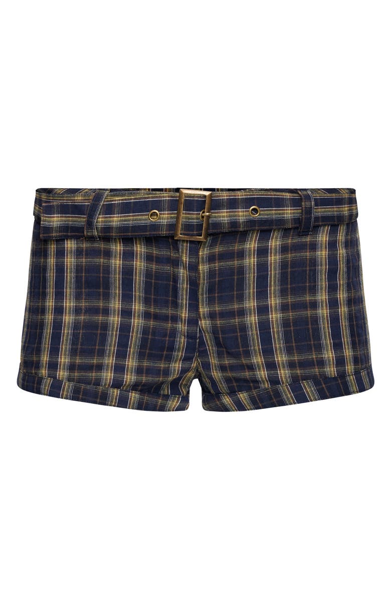 LIONESS Afterglow Plaid Belted Low Rise Shorts, Alternate, color, Navy Lemon Plaid