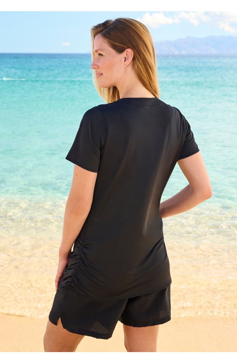 Swim 365 Split-Neck Short-Sleeve Swim Tee With Built-In Bra, Alternate, color, Black