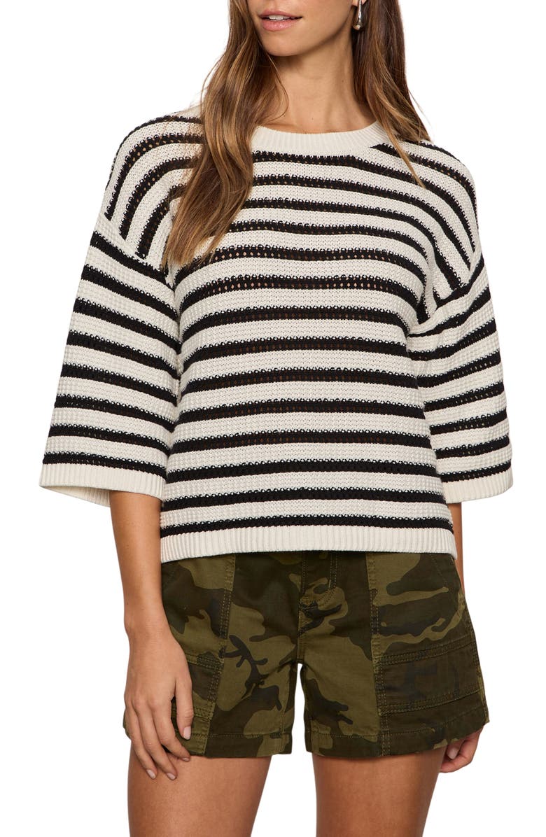 Sanctuary Elle Stripe Crochet Knit Sweater, Main, color, Black/ Chalk White
