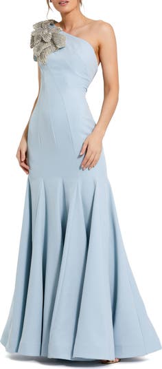 Crepe One Shoulder Gown With Flower