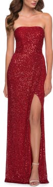 La Femme Simple Sequin Strapless Dress with Faux Wrap Skirt