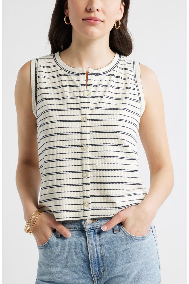 Stripe Rib Cotton Blend Button-Up Top, Main, color, IVORY- NAVY STRIPE