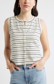 Caslon® Stripe Rib Cotton Blend Button-Up Top