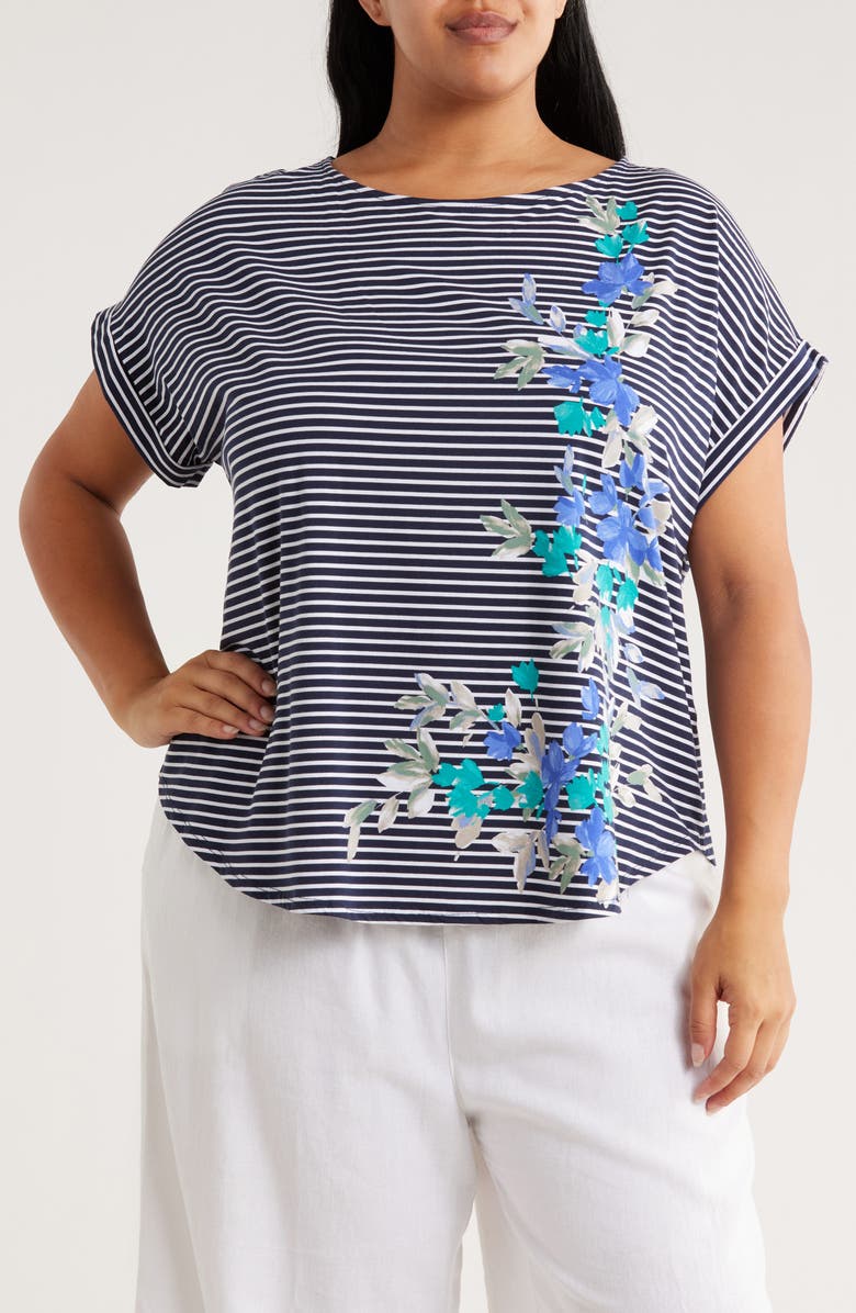 RUBY RD Floral Stripe T-Shirt, Main, color, Navy Multi