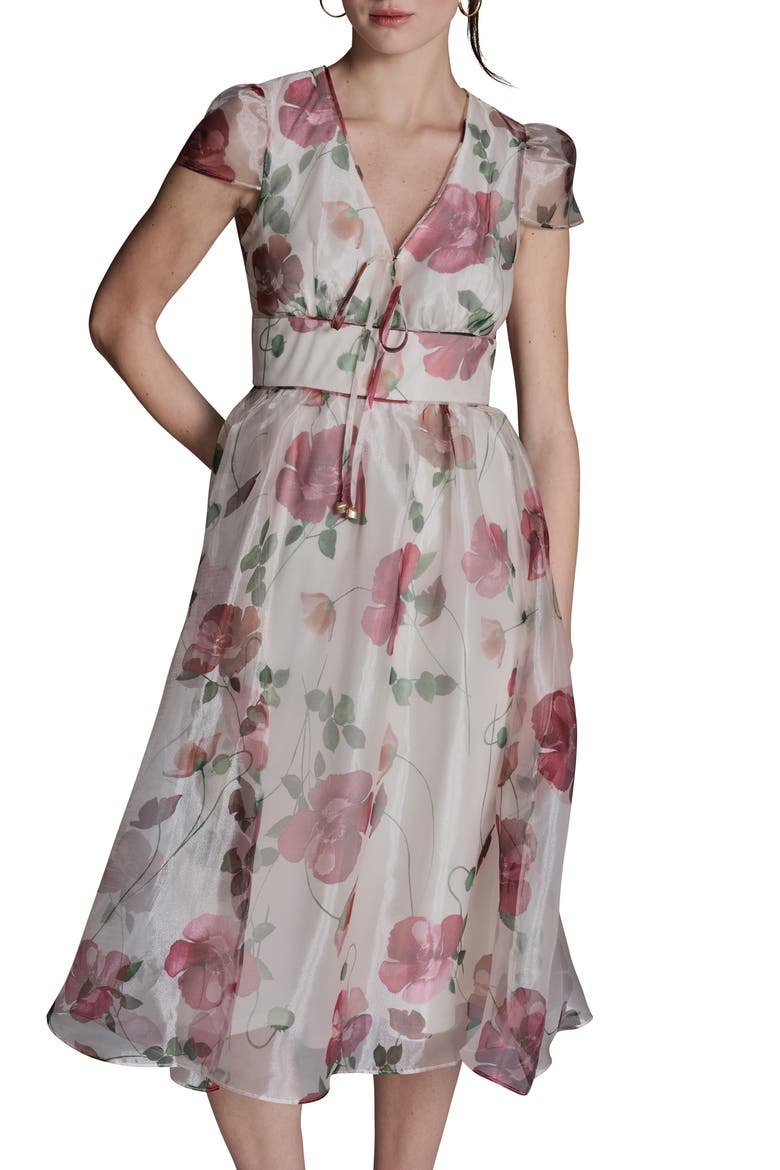 Floral Cap Sleeve Organza Fit & Flare Midi Dress, Alternate, color, ECRU MULTI