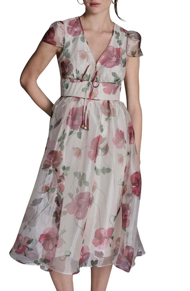 BCBG Floral Cap Sleeve Organza Fit & Flare Midi Dress, Alternate, color, Ecru Multi