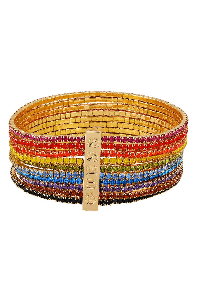 GUESS Rainbow Crystal Stretch Bracelet, Main, color, Gold Tone
