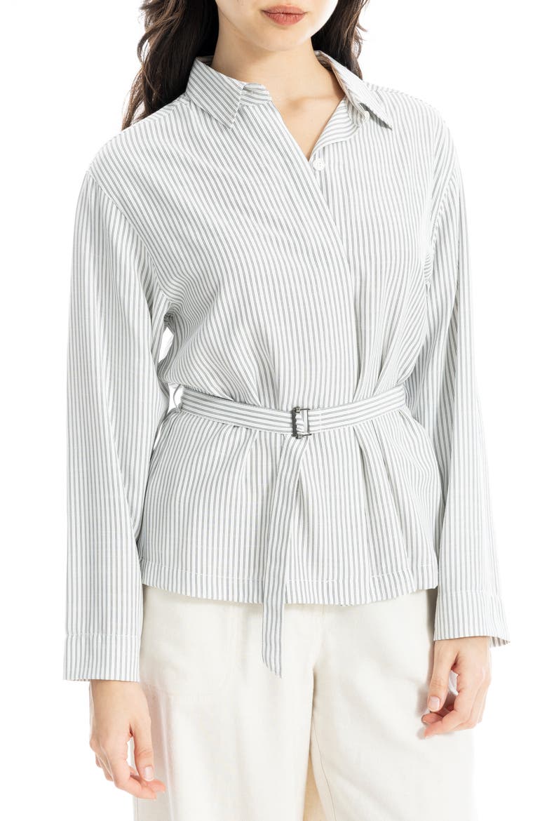 Stripe Belted Button-Up Shirt, Alternate, color, IVORY/ BLACK TWIN STRIPE