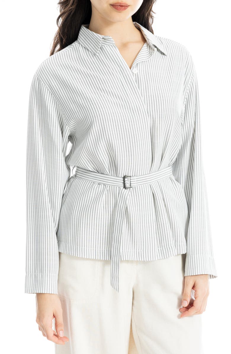 MAX STUDIO Stripe Belted Button-Up Shirt, Alternate, color, Ivory/ Black Twin Stripe