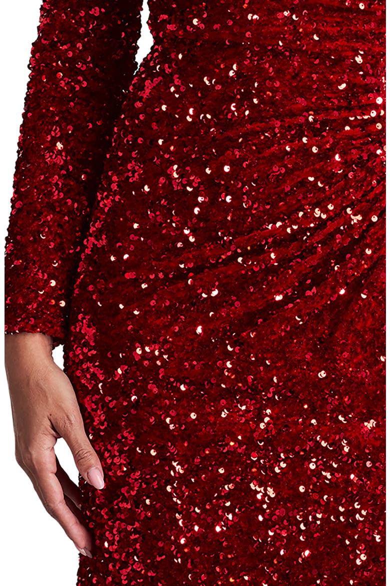 Sequin One-Shoulder Single Long Sleeve Gown, Alternate, color, ROUGE