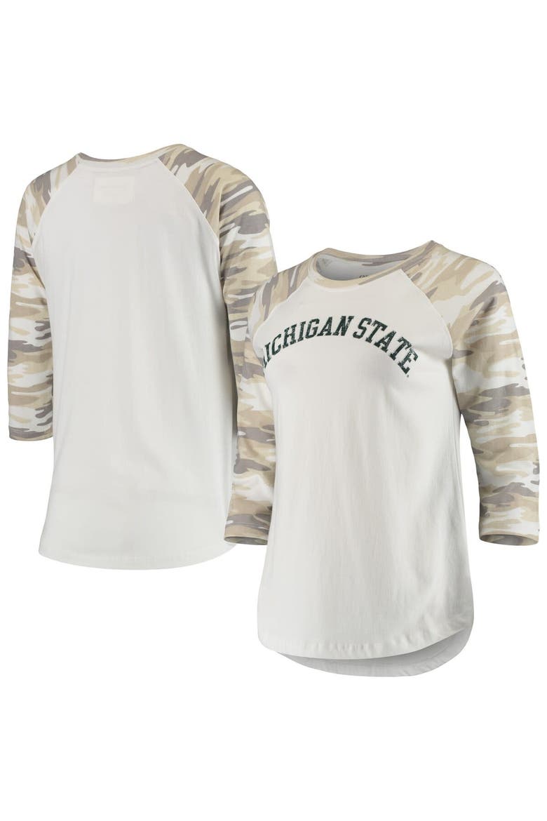 Women's White/Camo Michigan State Spartans Boyfriend Baseball Raglan 3/4-Sleeve T-Shirt, Main, color, White