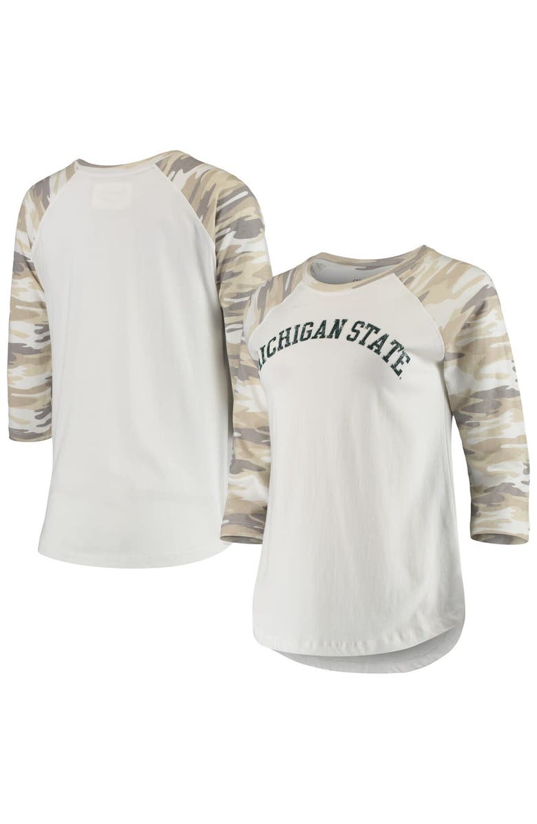 CAMP DAVID Women's White/Camo Michigan State Spartans Boyfriend Baseball Raglan 3/4-Sleeve T-Shirt, Main, color, White