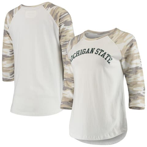 Women's White/Camo Michigan State Spartans Boyfriend Baseball Raglan 3/4-Sleeve T-Shirt
