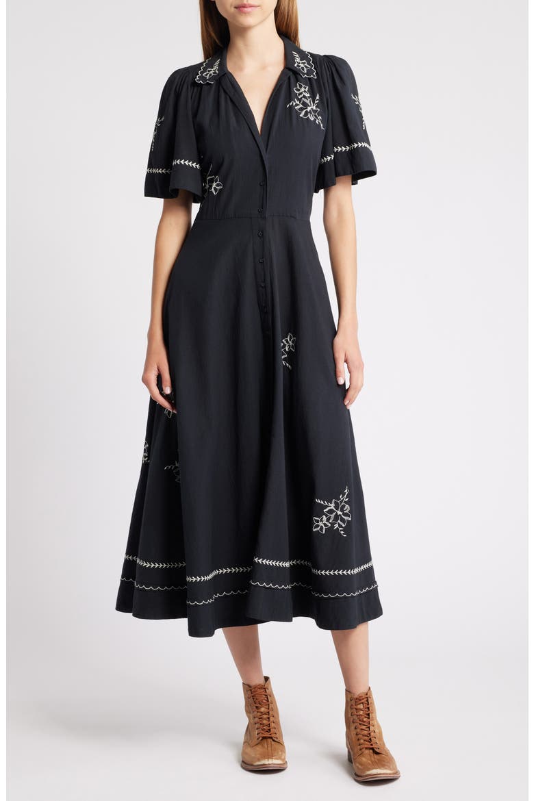 Bridge Embroidered Cotton Midi Shirtdress, Main, color, BLACK