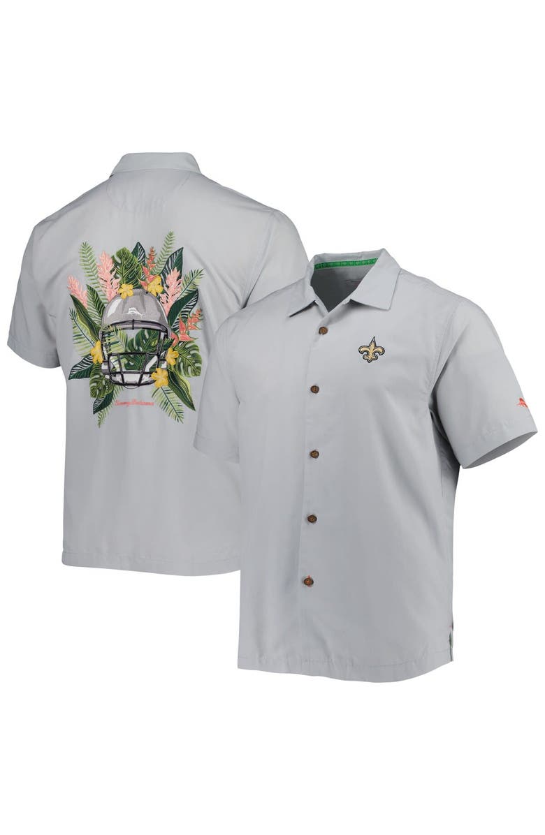 Tommy Bahama Men's Tommy Bahama Gray New Orleans Saints Coconut Point Frondly Fan Camp IslandZone Button-Up Shirt, Main, color,