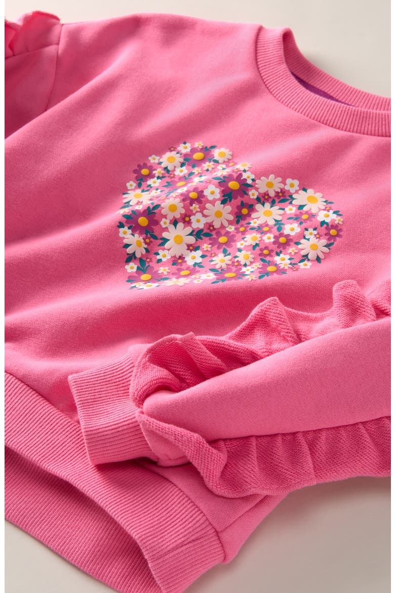 Kids' Ruffle Pullover Sweatshirt, Alternate, color, PINK COSMOS WILDFLOWER HEART