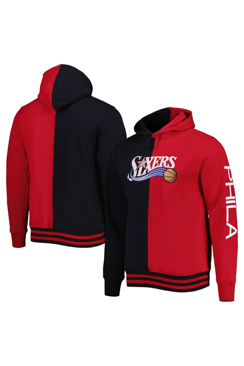 Men's Mitchell & Ness Black/Red Philadelphia 76ers Hardwood Classics Split Pullover Hoodie, Main, color, Black