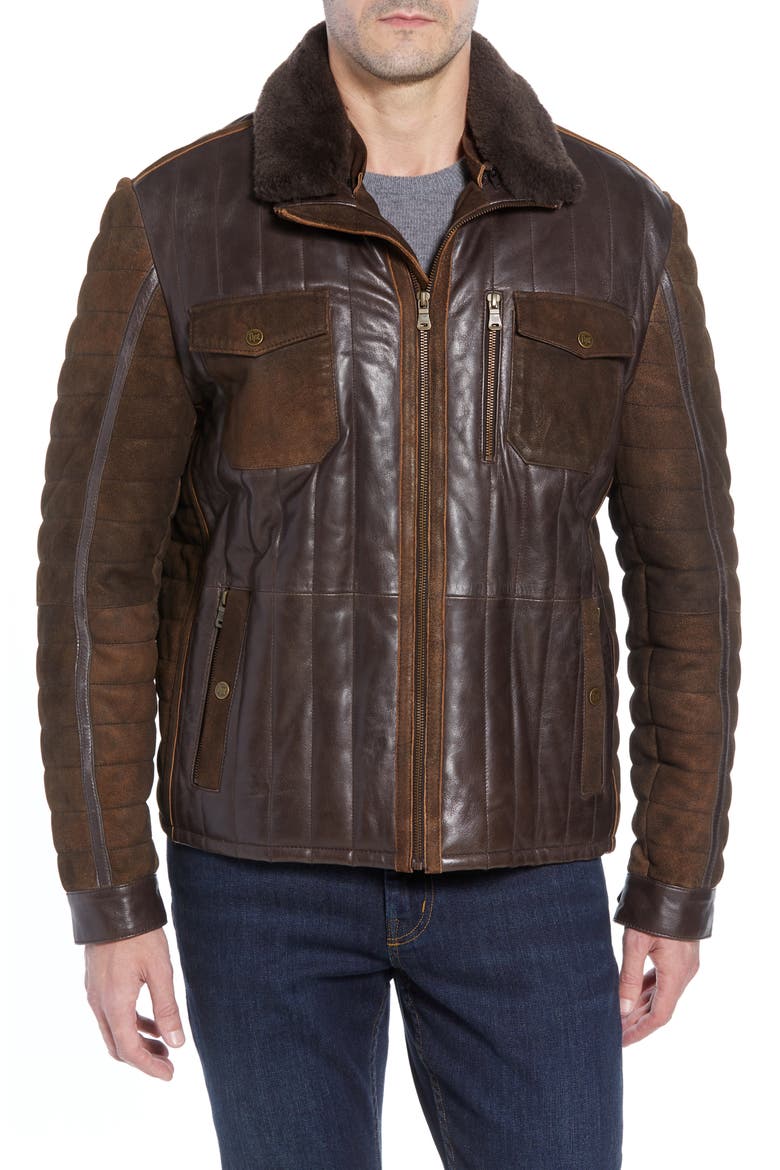 Genuine Shearling Trim Leather Bomber Jacket, Alternate, color, BROWN