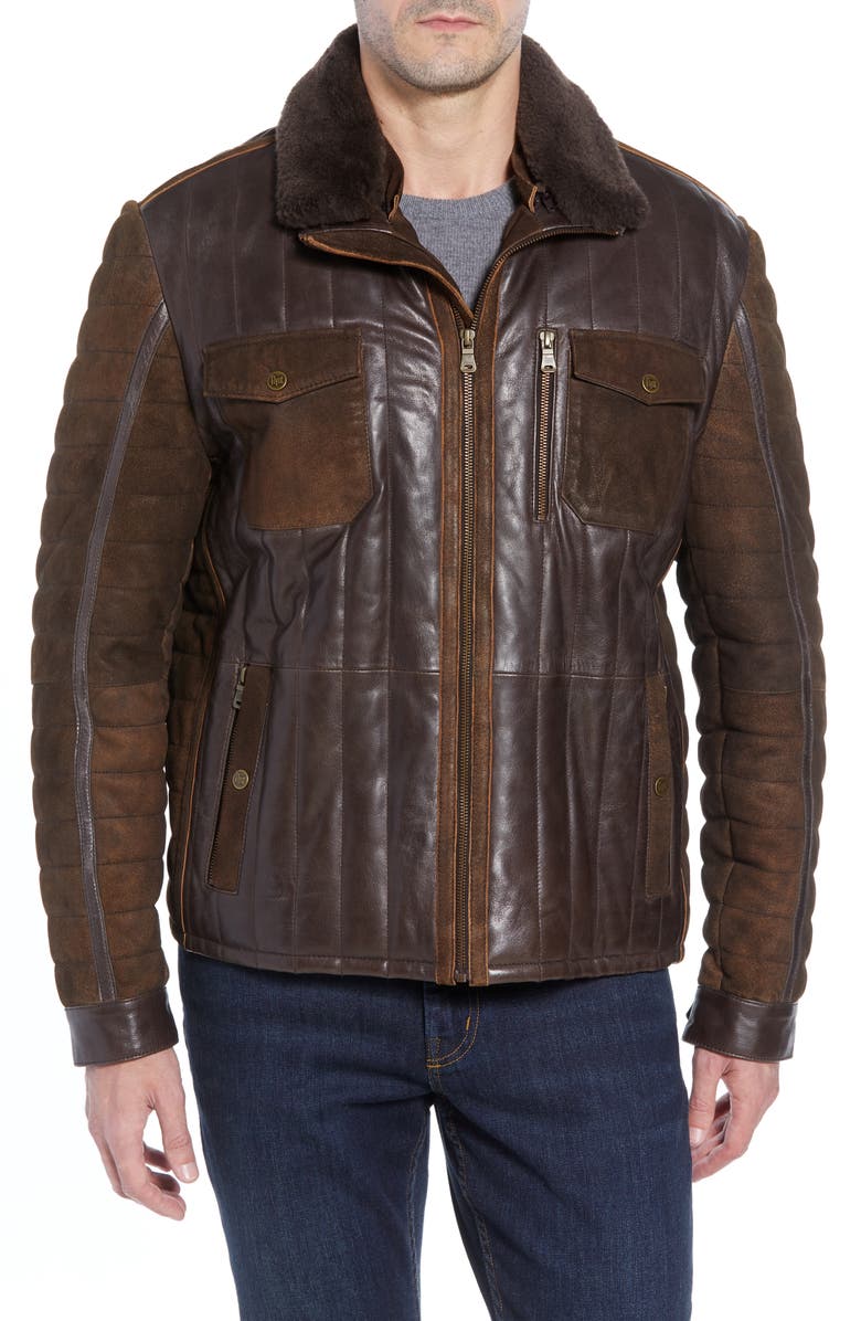 FLYNT Genuine Shearling Trim Leather Bomber Jacket, Alternate, color,