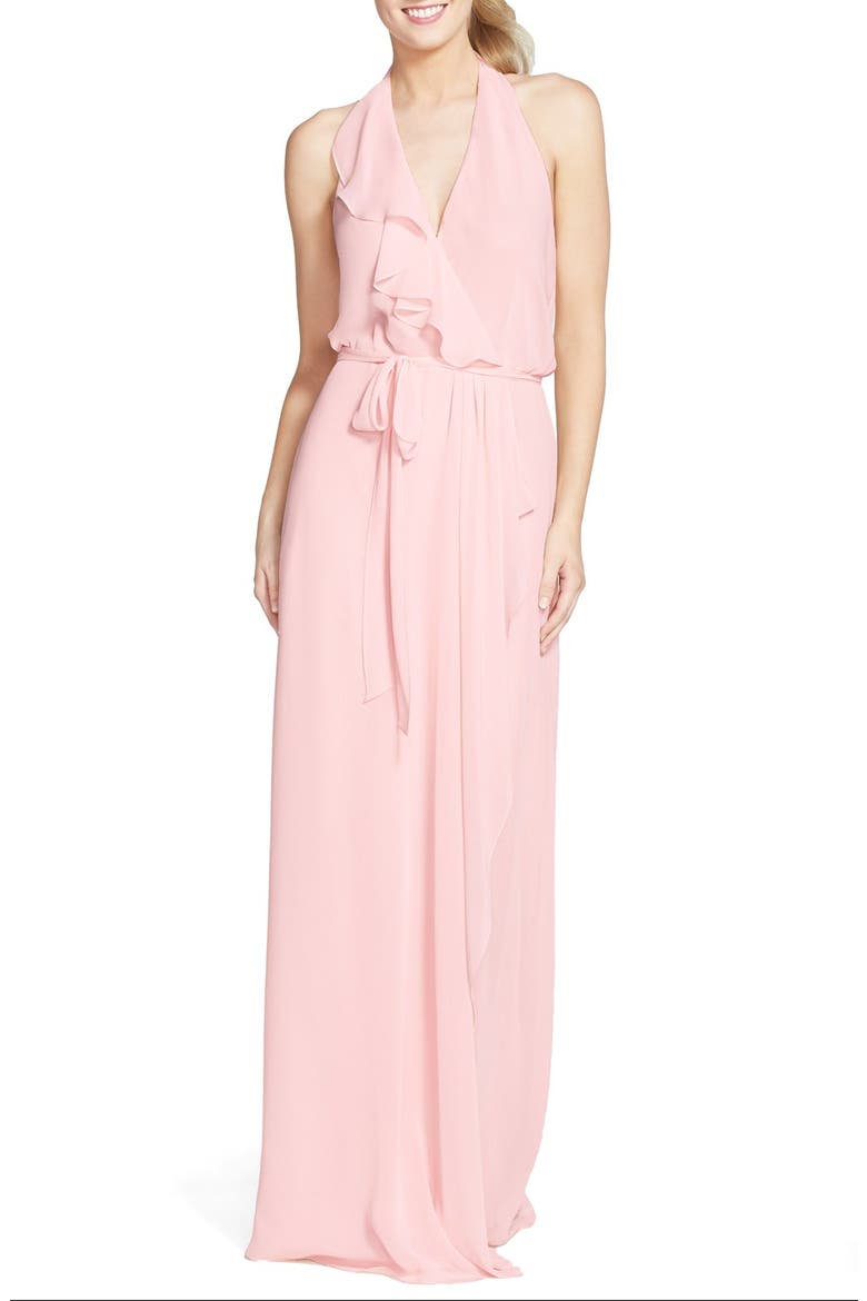 'Erica' Ruffle Chiffon Halter Neck Wrap Gown, Main, color, PEONY