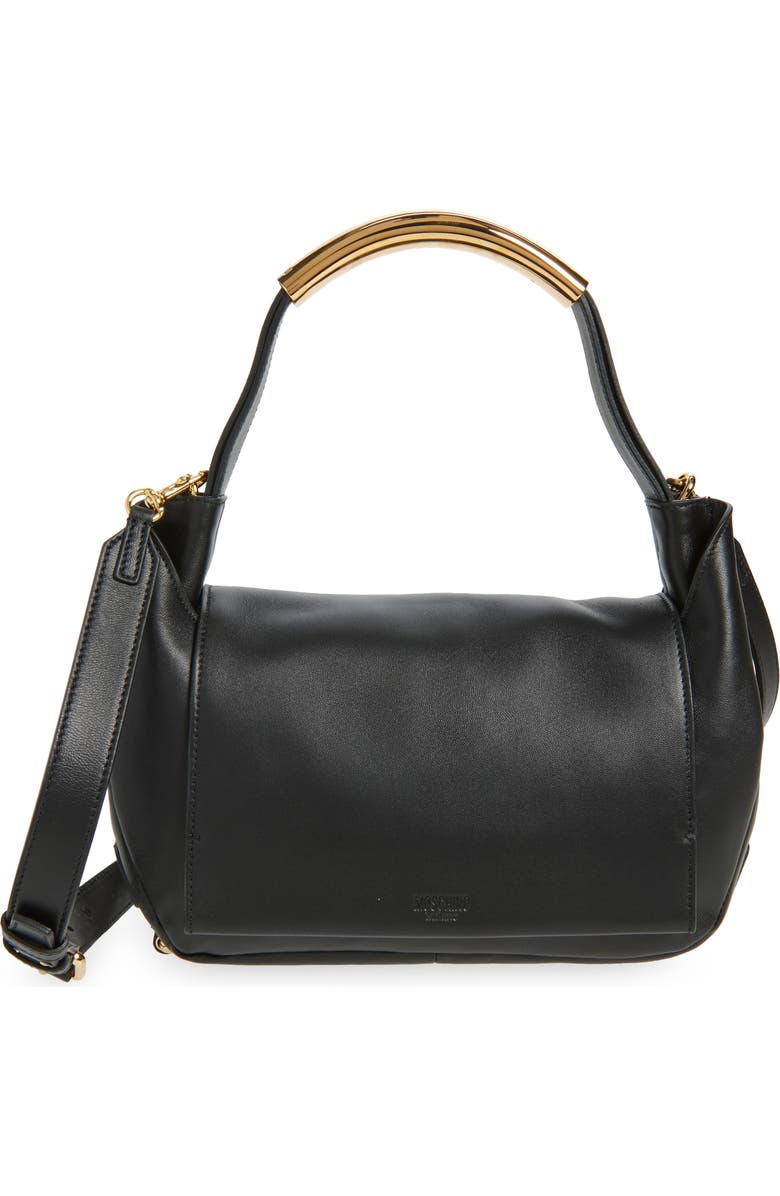 Moschino Handle Me Leather Shoulder Bag, Main, color, Black