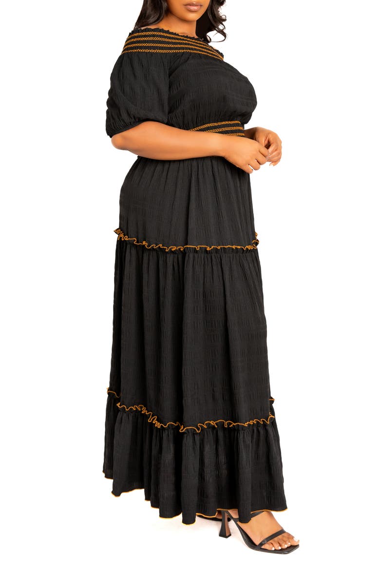 Smocked Off the Shoulder Puff Sleeve Top & Maxi Skirt Set, Alternate, color, BLACK