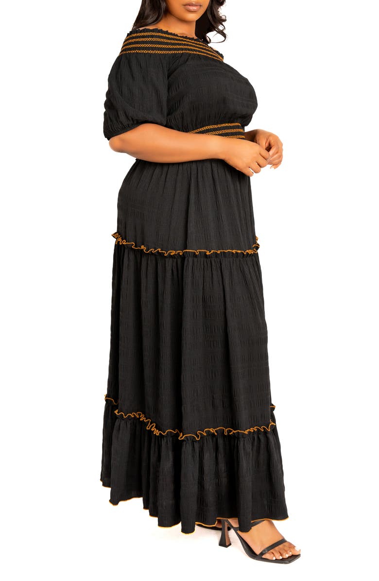 BUXOM COUTURE Smocked Off the Shoulder Puff Sleeve Top & Maxi Skirt Set, Alternate, color, Black