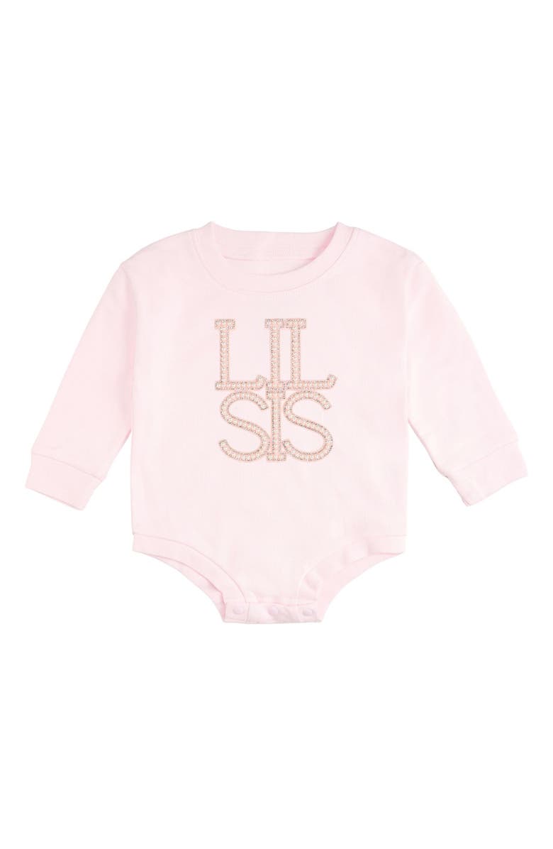 Sweet Wink Lil Sis Pearl Patch Long Sleeve Romper, Main, color, Ballet Pink