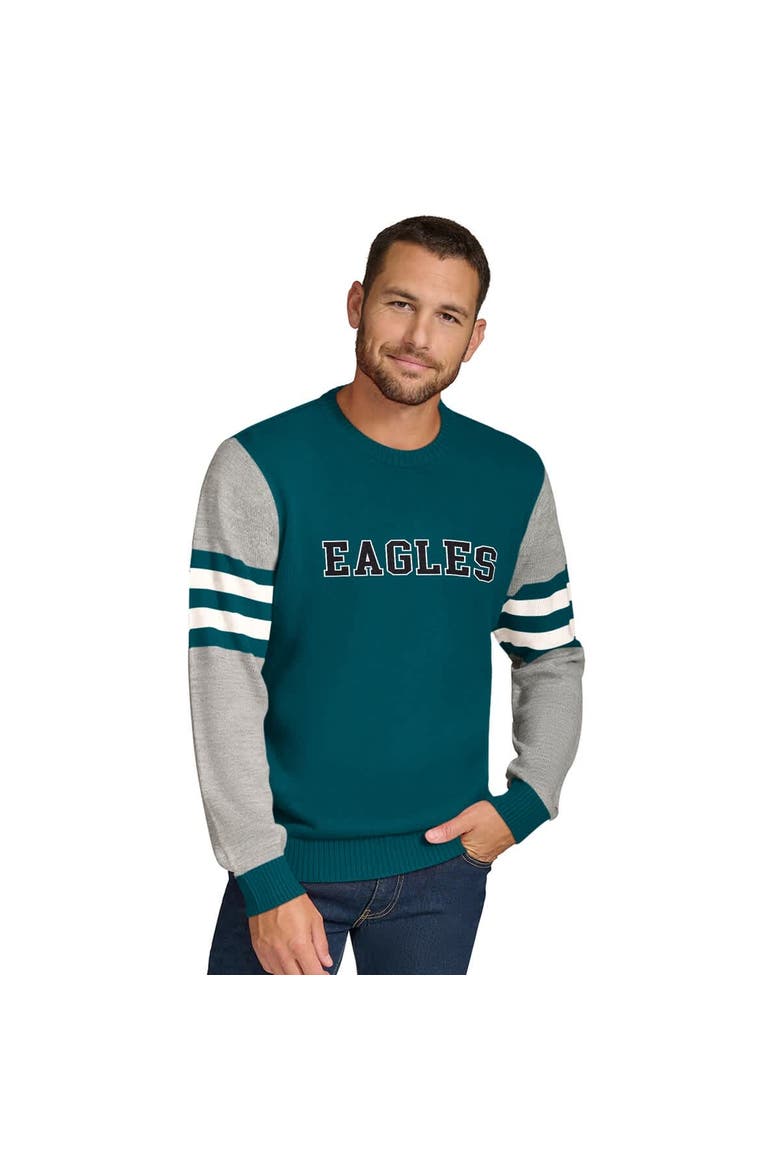 Men's Tommy Hilfiger Midnight Green/Heather Gray Philadelphia Eagles Acrylic Crewneck Pullover Sweatshirt, Alternate, color, Green