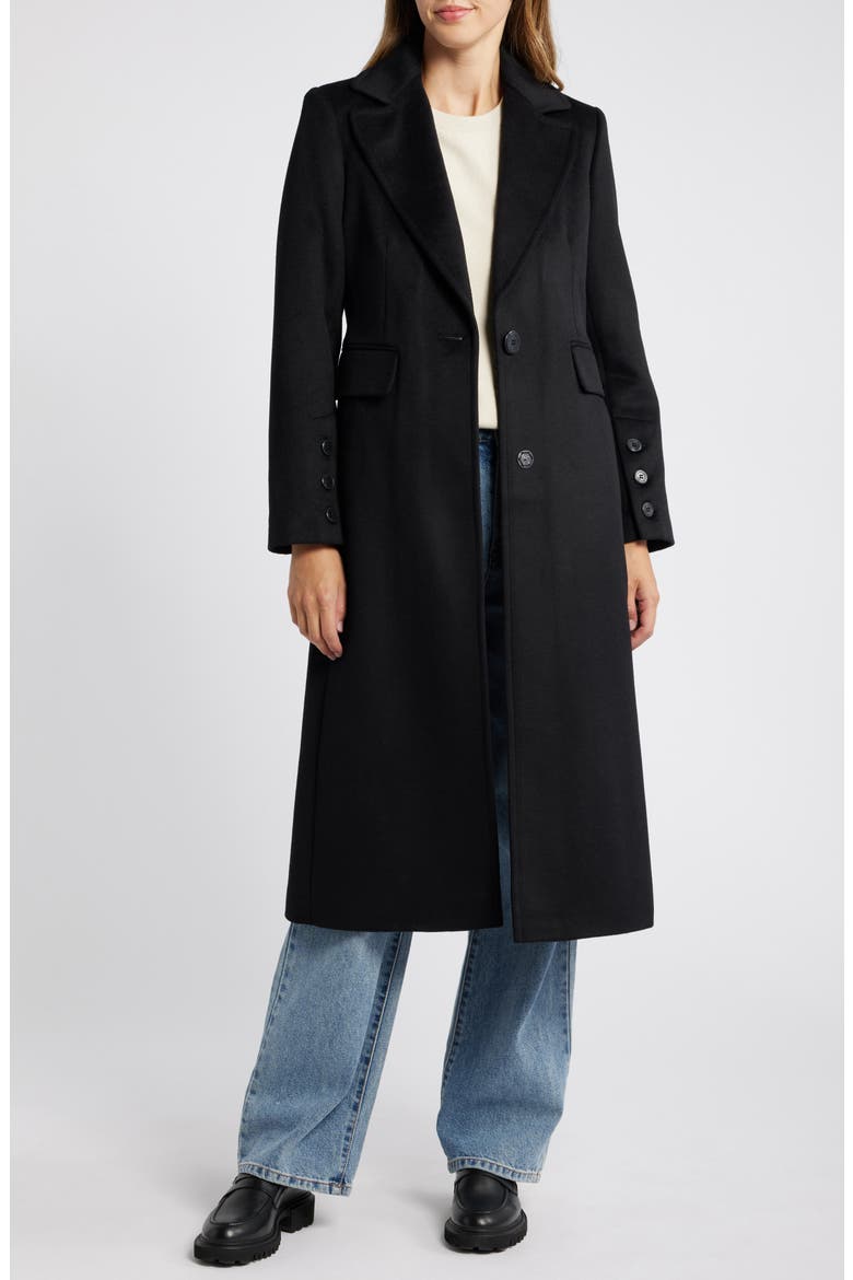 Single Breasted Wool Blend Reefer Coat, Alternate, color, BLACK
