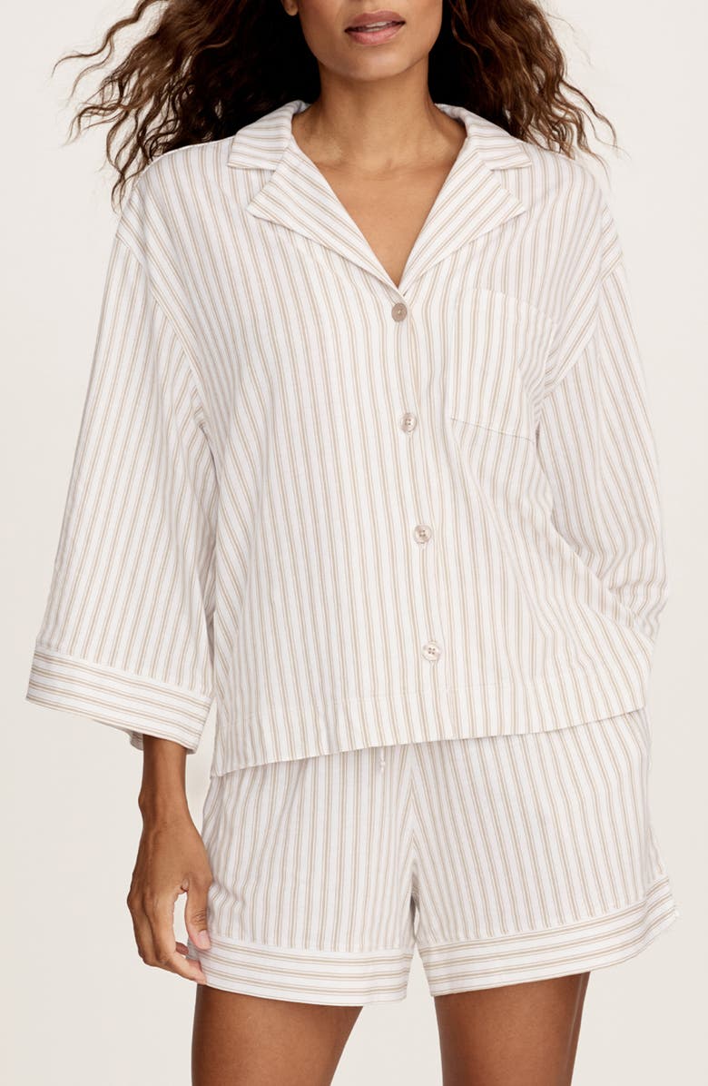 Petite Plume Olivia Stripe Pima Cotton Short Pajamas, Main, color, Beige
