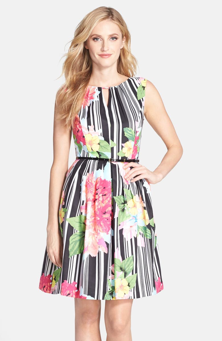 Ellen Tracy Belted Print Cotton Fit & Flare Dress, Main, color,