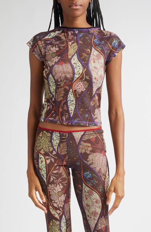 Siedres Floral-pattern Mesh Top In Brown