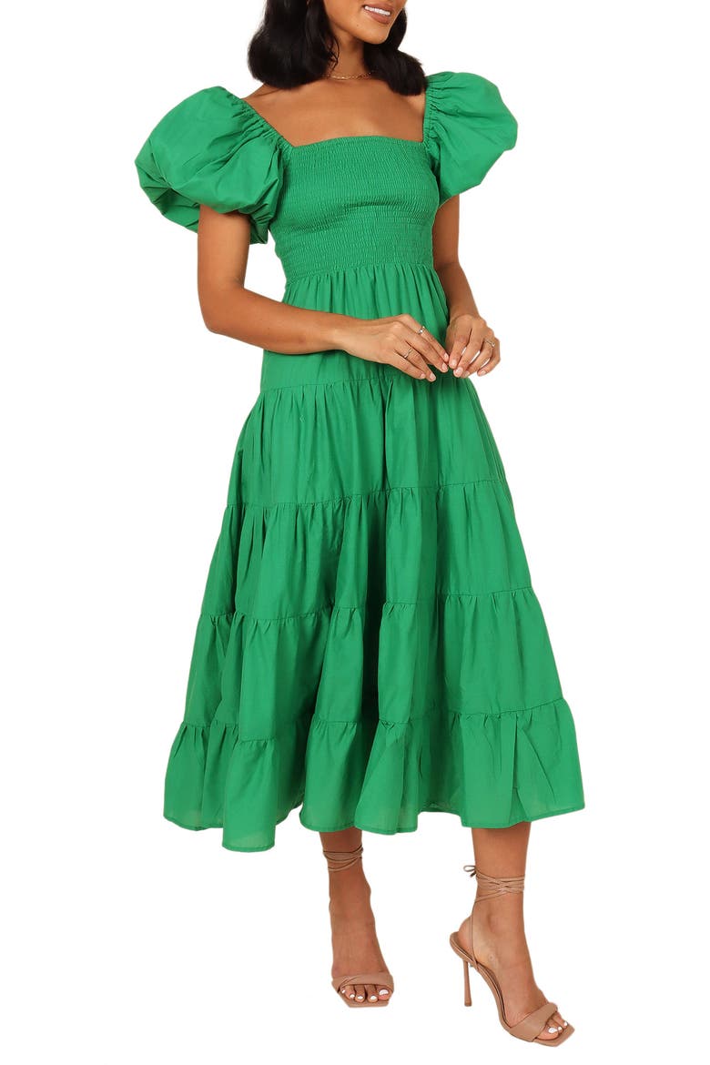 Annette Puff Sleeve Midi A-Line Dress, Alternate, color, GREEN