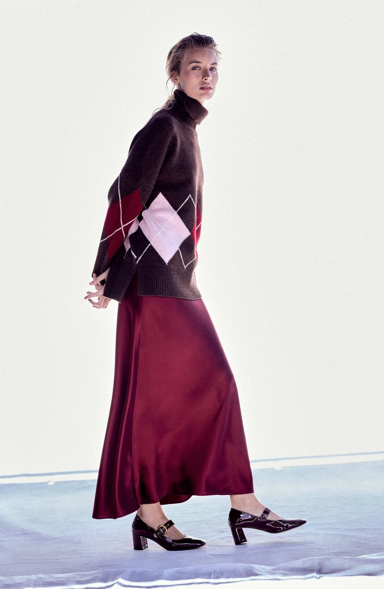 Boden Polly Turtleneck Wool Sweater, Main, color, Brown Pink Argyle