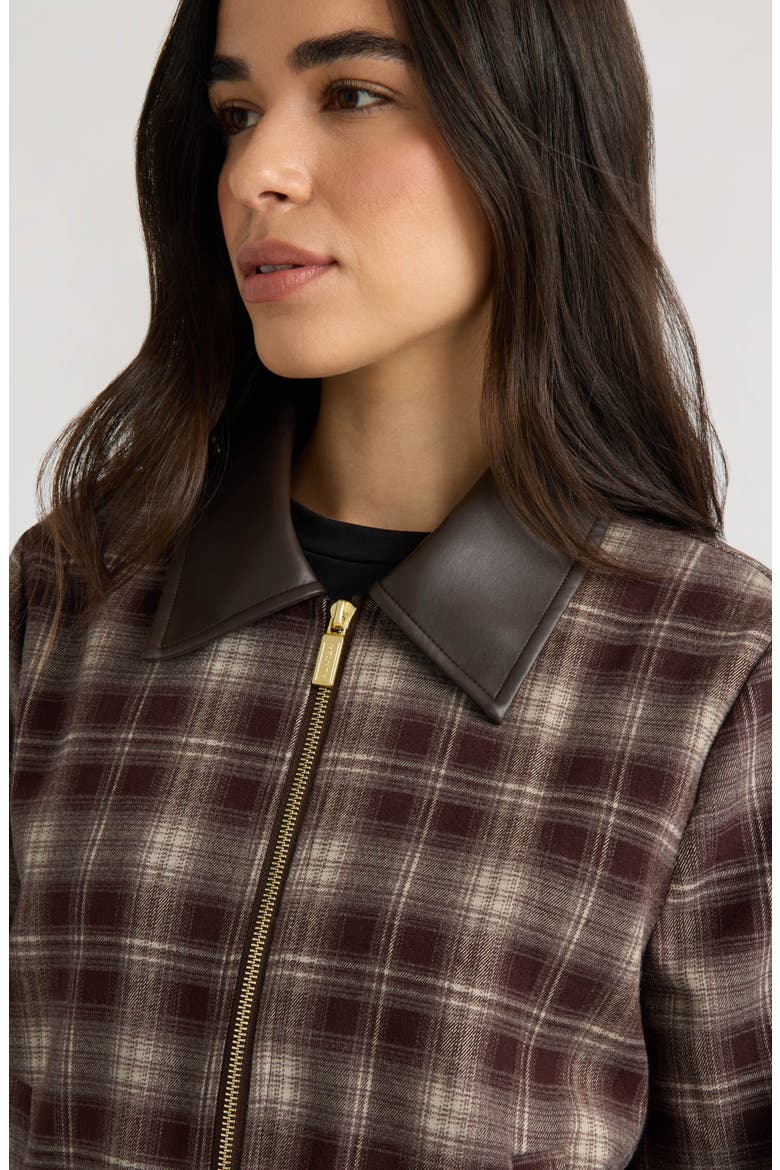 Plaid Faux Leather Collar Bomber Jacket, Alternate, color, BROWN PLAID