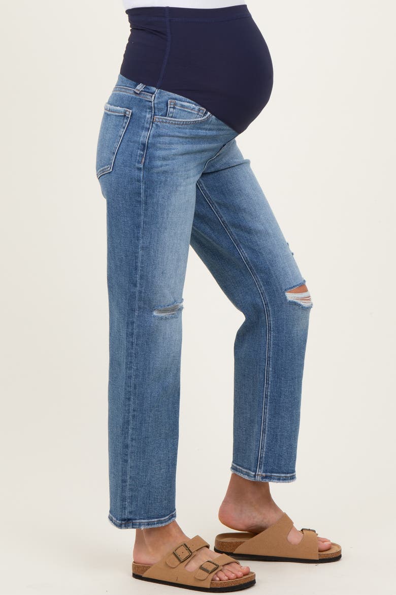 Distressed Open Knee Ankle Straight Leg Maternity Jeans, Alternate, color, Blue