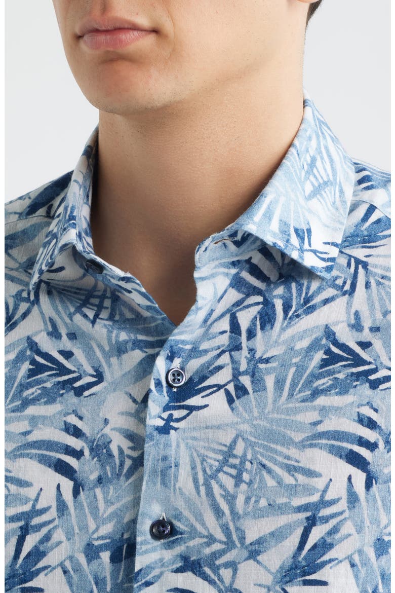 Keneth Leaf Print Short Sleeve Stretch Cotton Button-Up Shirt, Alternate, color, WASHED BLUE