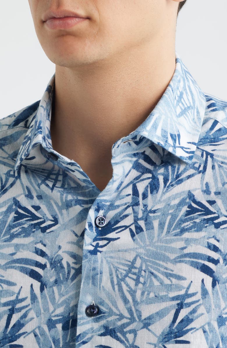 Robert Barakett Keneth Leaf Print Short Sleeve Stretch Cotton Button-Up Shirt, Alternate, color, Washed Blue