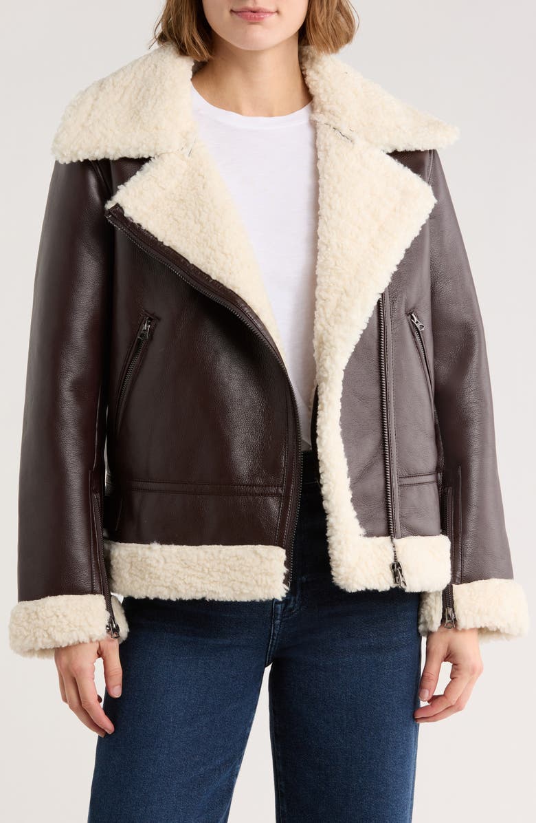 Hudson Jeans Faux Shearling & Faux Leather Moto Jacket, Alternate, color, Brown