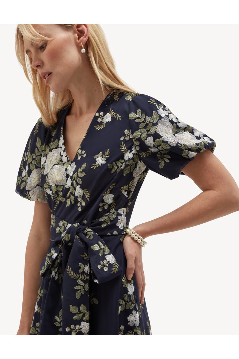 Ira Embroidered V-Neck Midi Dress, Alternate, color, Midnightivory